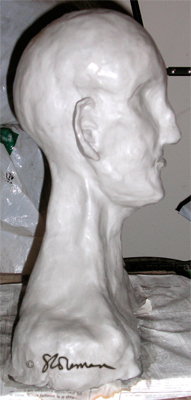 fired, sculpture, firing, before, clay, wet, bust, head, original, suzanne, coleman, artofageniusmind, art, grey, profile, lateral, bald, no hair