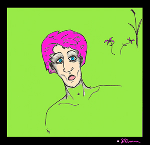 face, person, fuchsia, green, border, drawing, art, artsy, unique, interesting, style, suzanne, coleman, hand drawn, drawn, draw, hand, color, colored, colorized