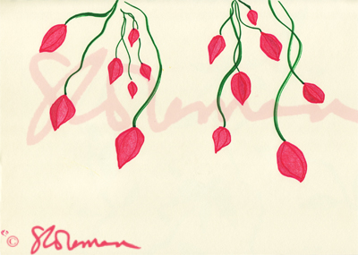 drop, cherry, flowers, red, pink, green, vine, cascade, nature, art, outdoors, drawing, design, signed, paper, suzanne, coleman, artofageniusmind