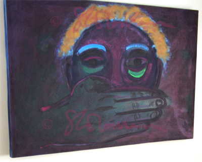 face, oil, painting, hand, silence, quiet, speech, freedom, woman, women, social, issues, commentary, africa, african, purple, interpretation, imagination, suzanne, coleman, canvas, hang, framed, artofageniusmind