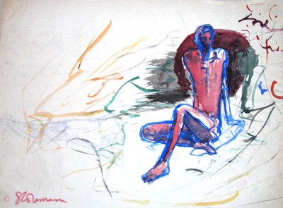 male, painting, water, color, sunset, seated, art, original, salmon, blue, paper, drawing, figure, man, human, draw, outline, suzanne, coleman, artofageniusmind, 